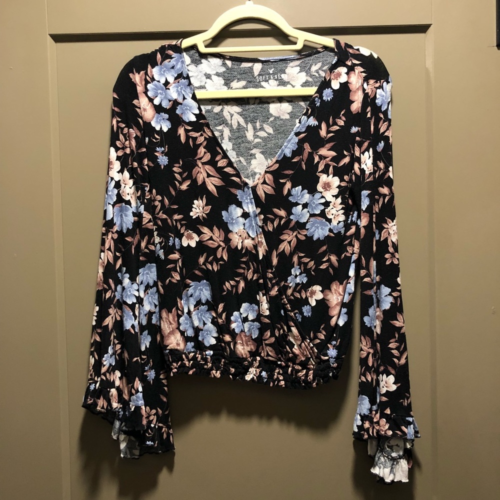 AE Soft and Sexy Floral Wrap Top w/ Bell Sleeves